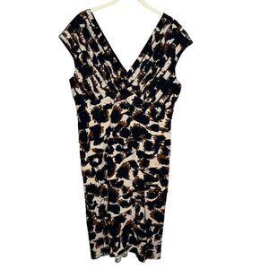 Adrianna Papell Dress Womens 14 Sheath Animal Print Ruched V Neck Cocktail Party